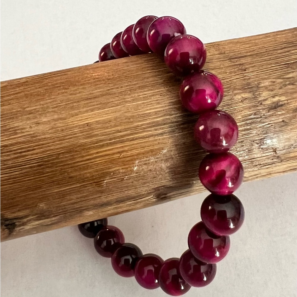 One Rose Red Tiger’s Eye Bead Bracelet Natural Stone Beads, Handcrafted. 6mm